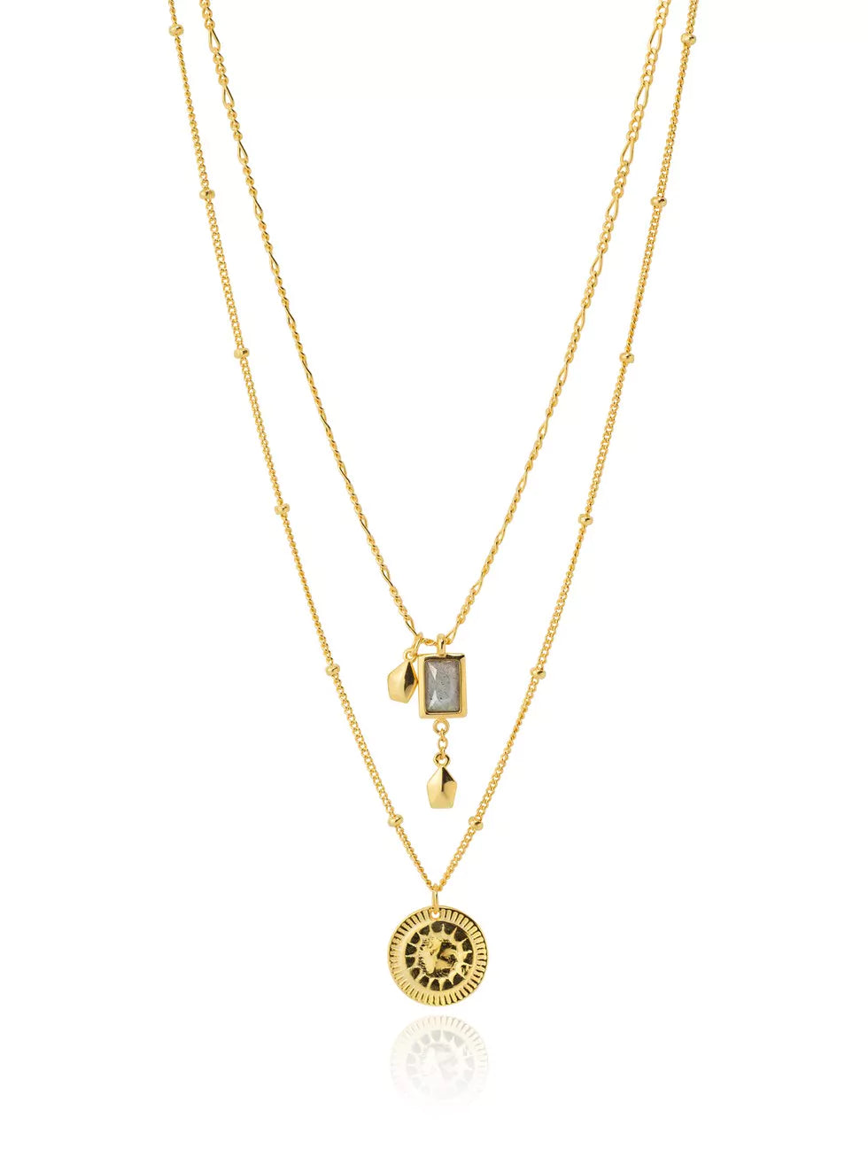 NIRVANA GLD. Collier en argent massif, plaqué or, pendentif labradorite, médaillon.