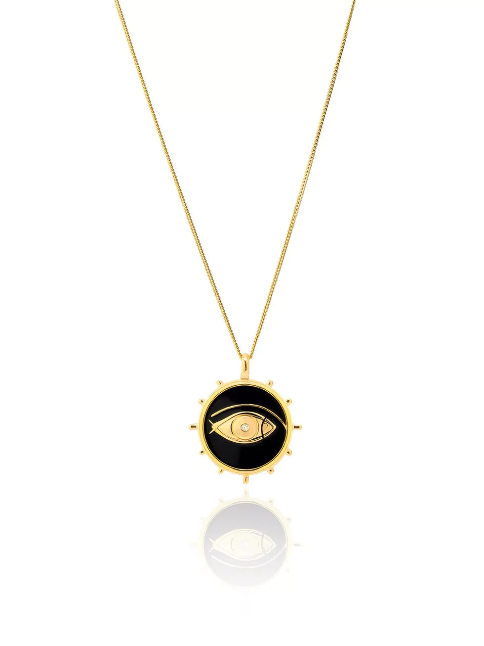 FISH EYE GLD. Collier en argent massif, bain d'or, médaille noire, poisson.
