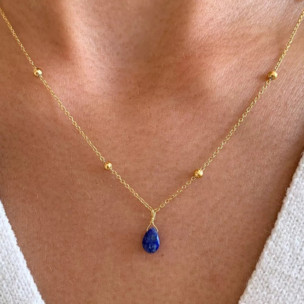 Collier fin pendentif goutte pierre bleue Lapis Lazuli