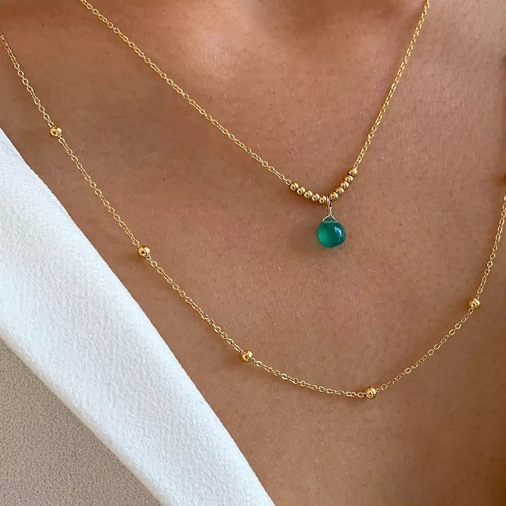 Collier fin double rang Agate verte